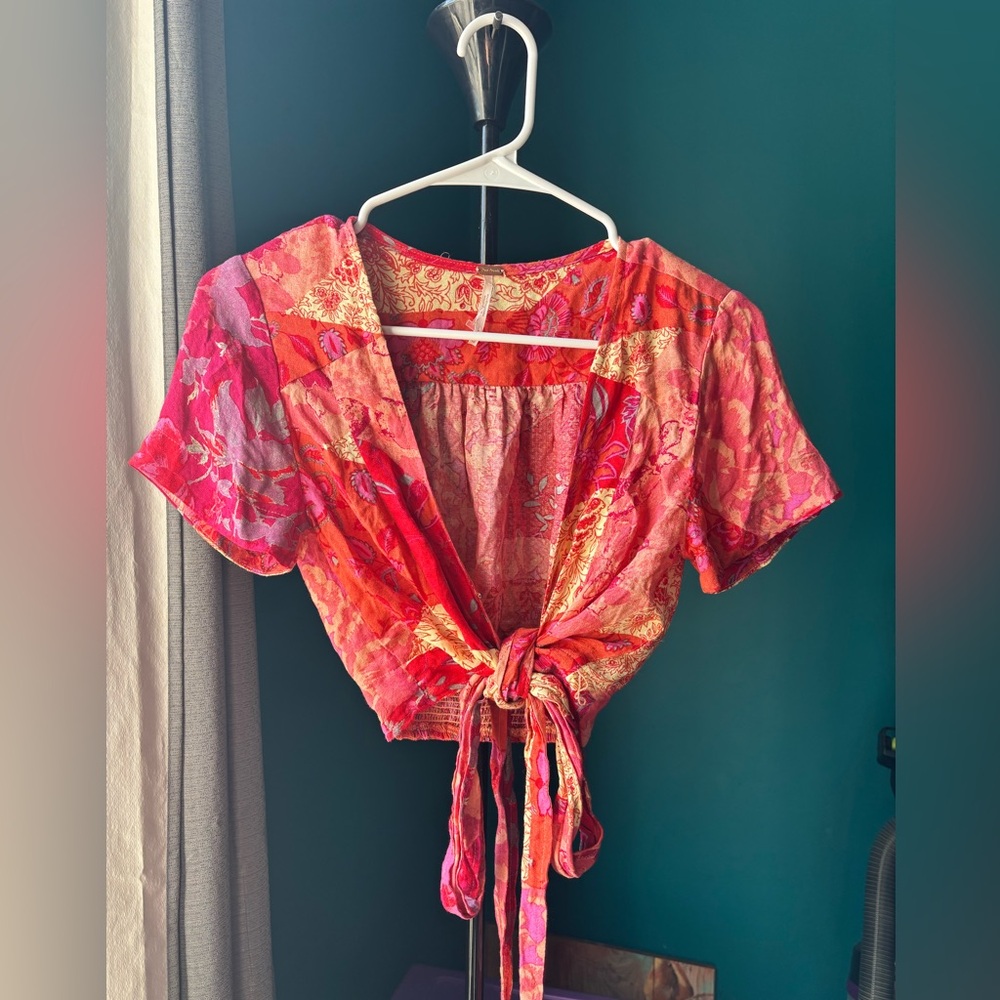 Free People Red and Pink Floral Tie-Front Blouse